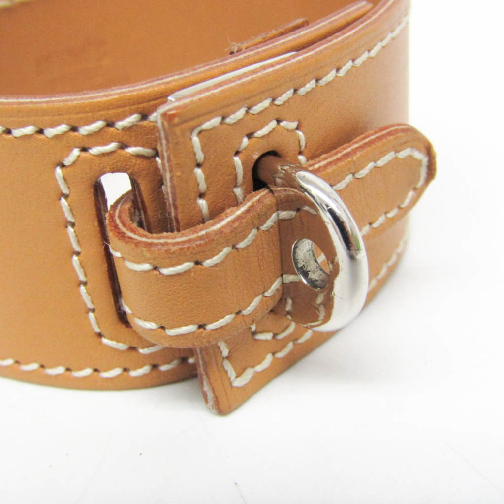 Box Calf Leather and Metal Bracelet Light Beige and Silver