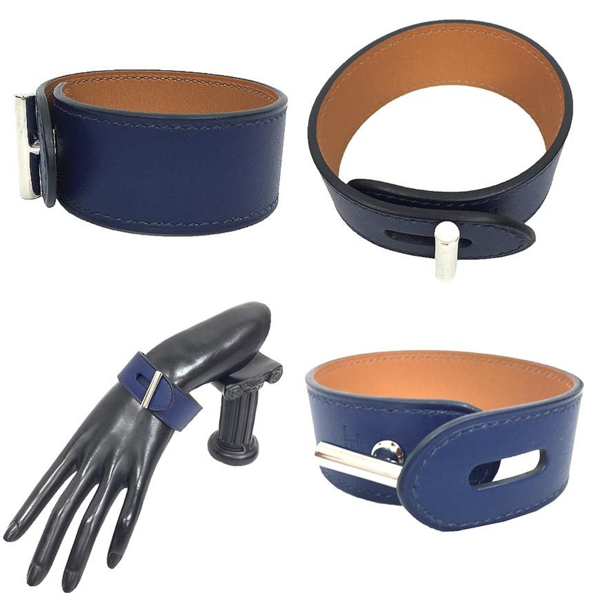 Bracelet Leather and Metal Navy and Silver