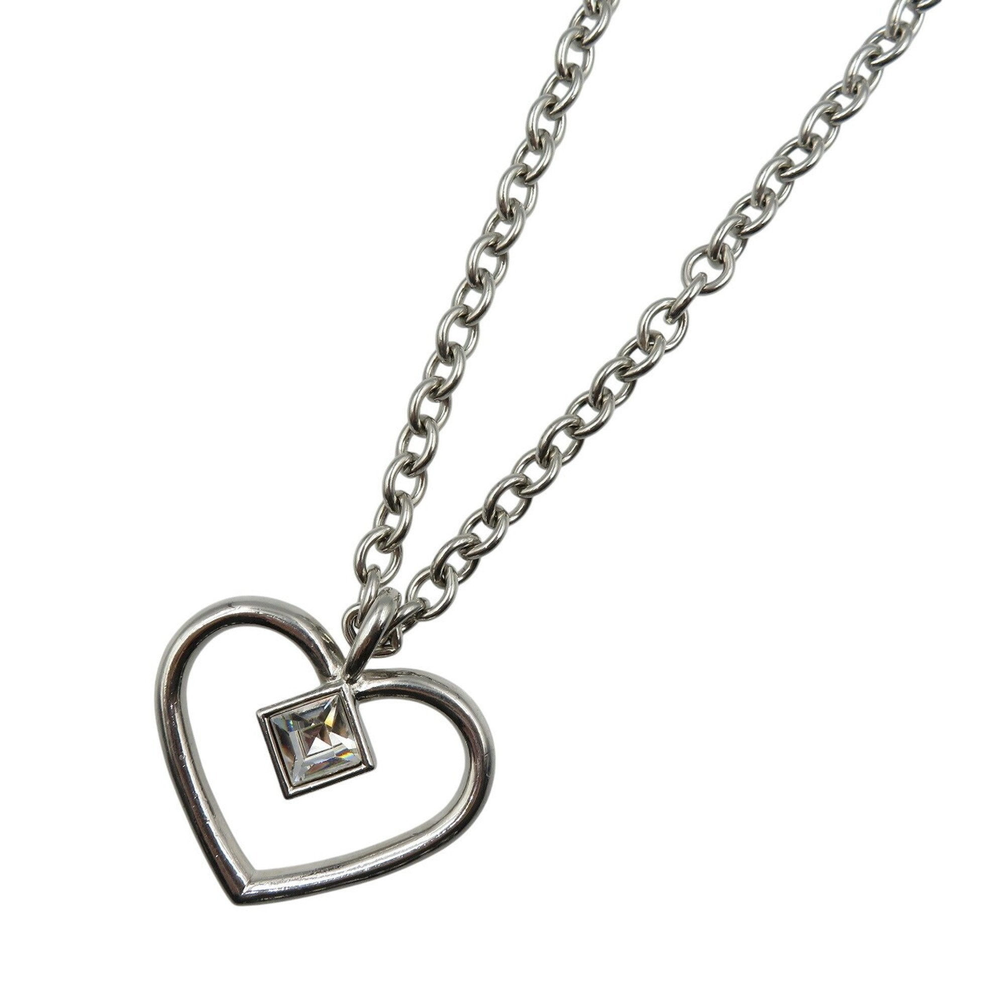 Heart Long Chain Pendant Necklace Metal Silver With Zirconia