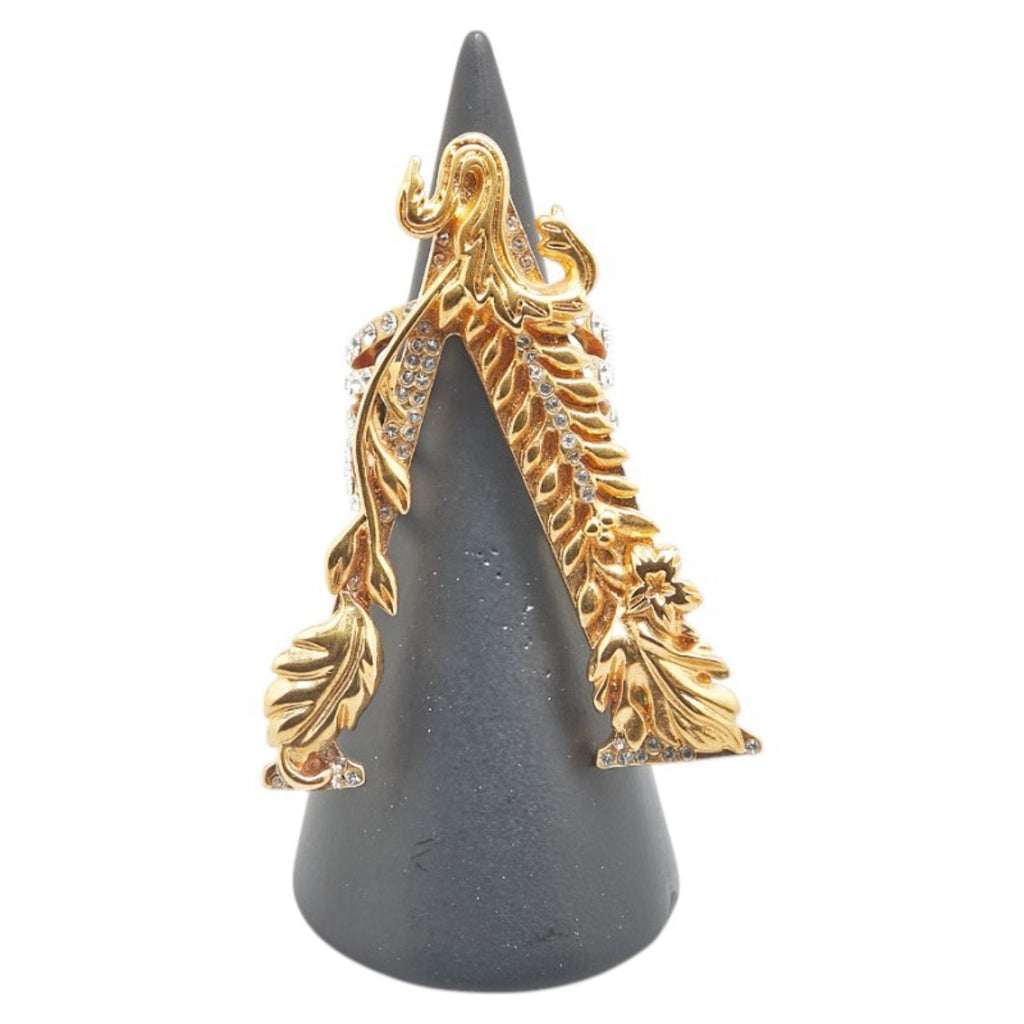 Rhinestone Leaf Motif Ring Gold