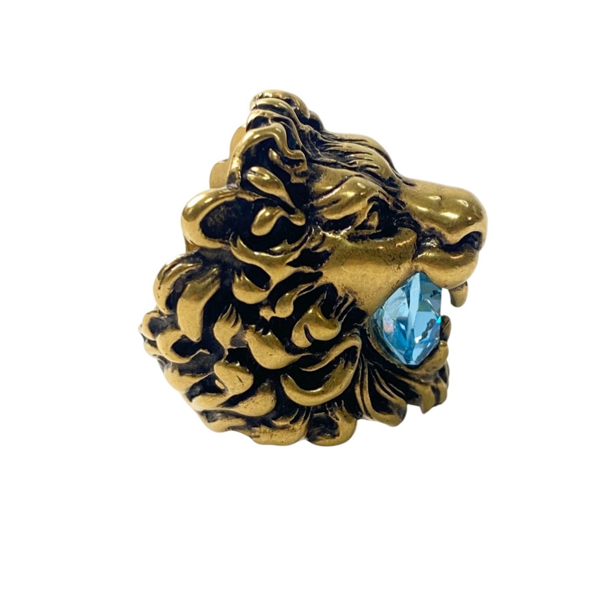 Lion Head Band Ring Gold Blue with Color Stone