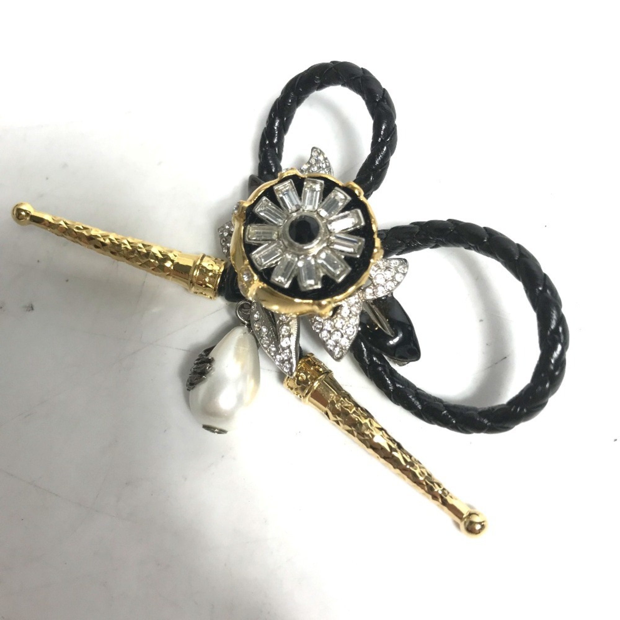 Brooch Leather and Metal Black With Rhinestone