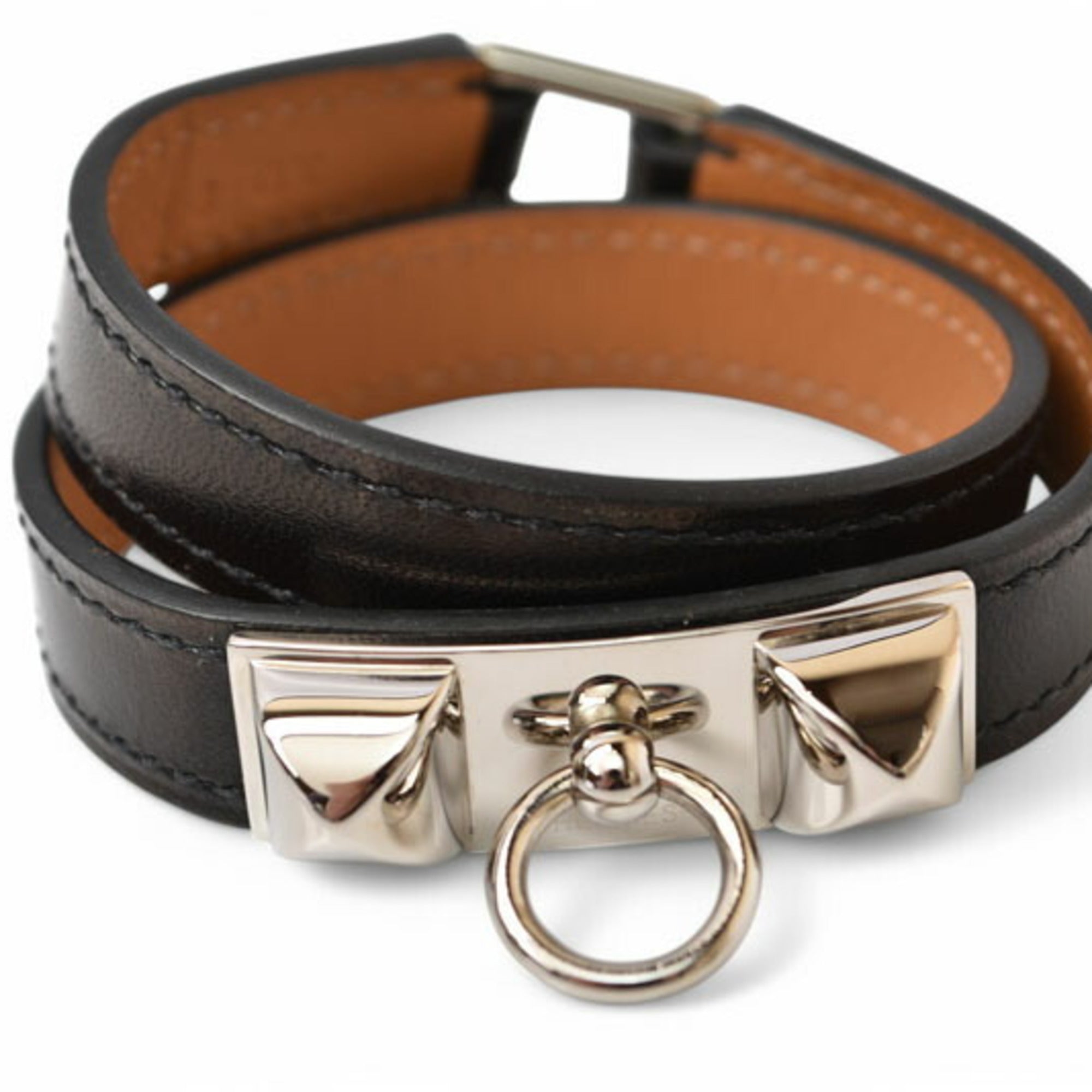 Bangle Leather Black and Silver Bracelet