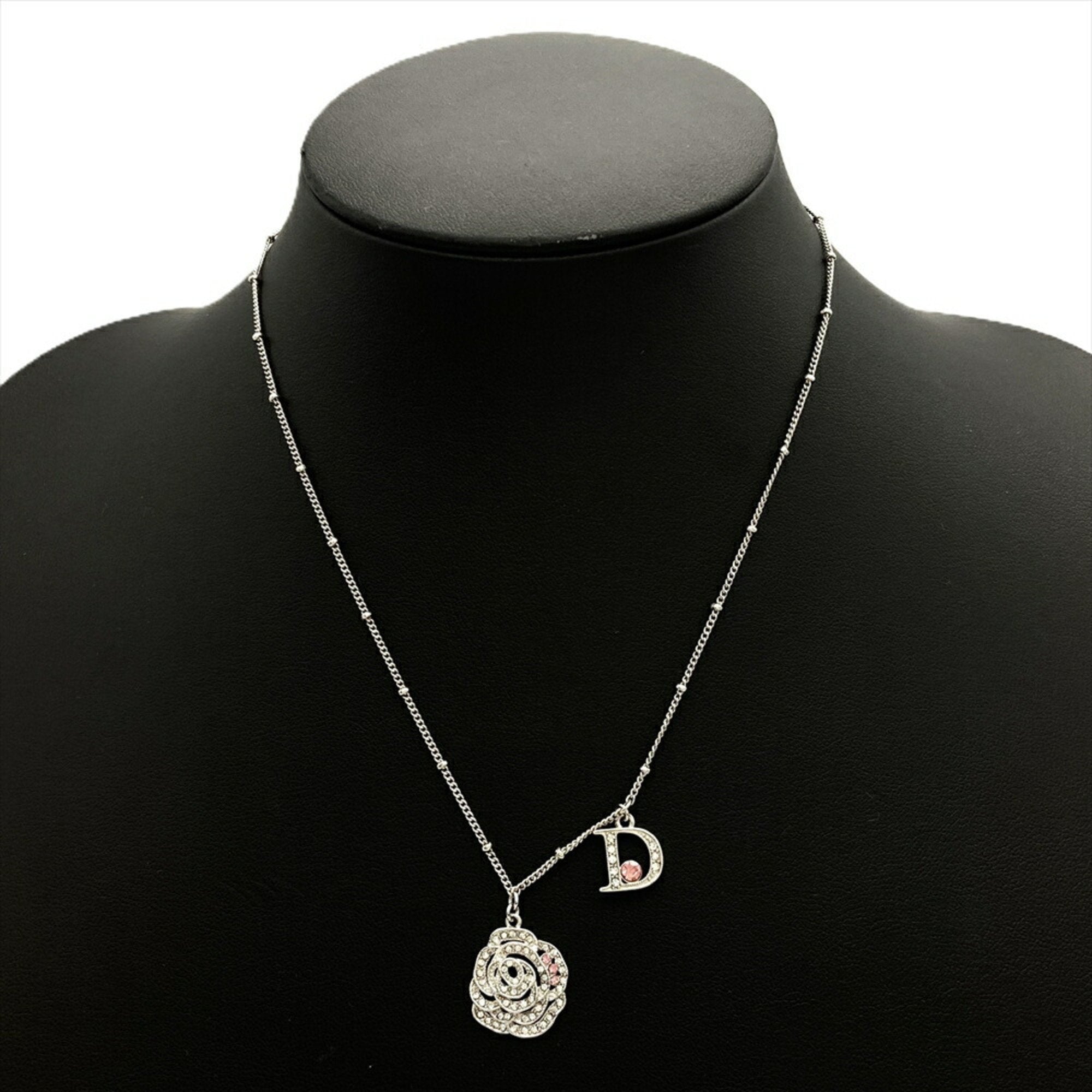 Pendant Necklace Metal and Rhinestone Pink and Silver