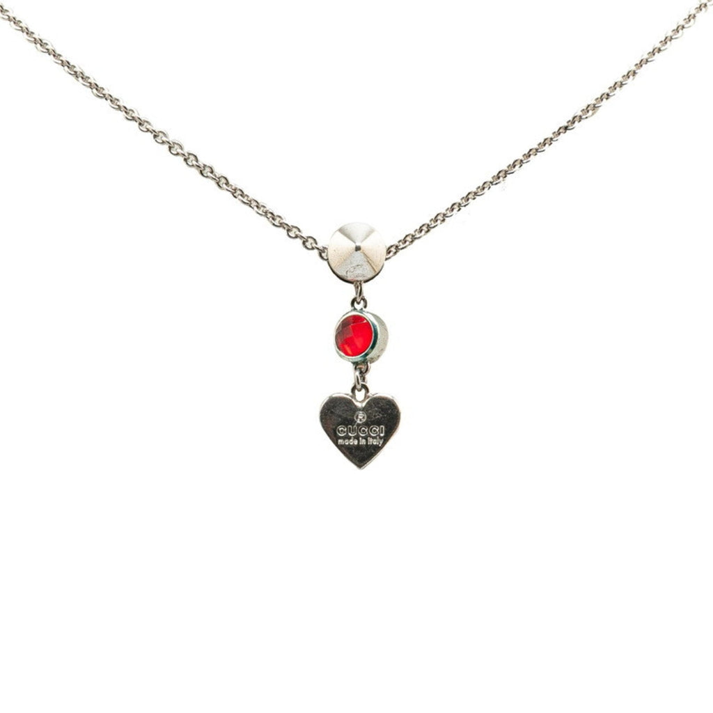 Heart Motif Pendant Necklace Sterling Silver with Red Colored Stones