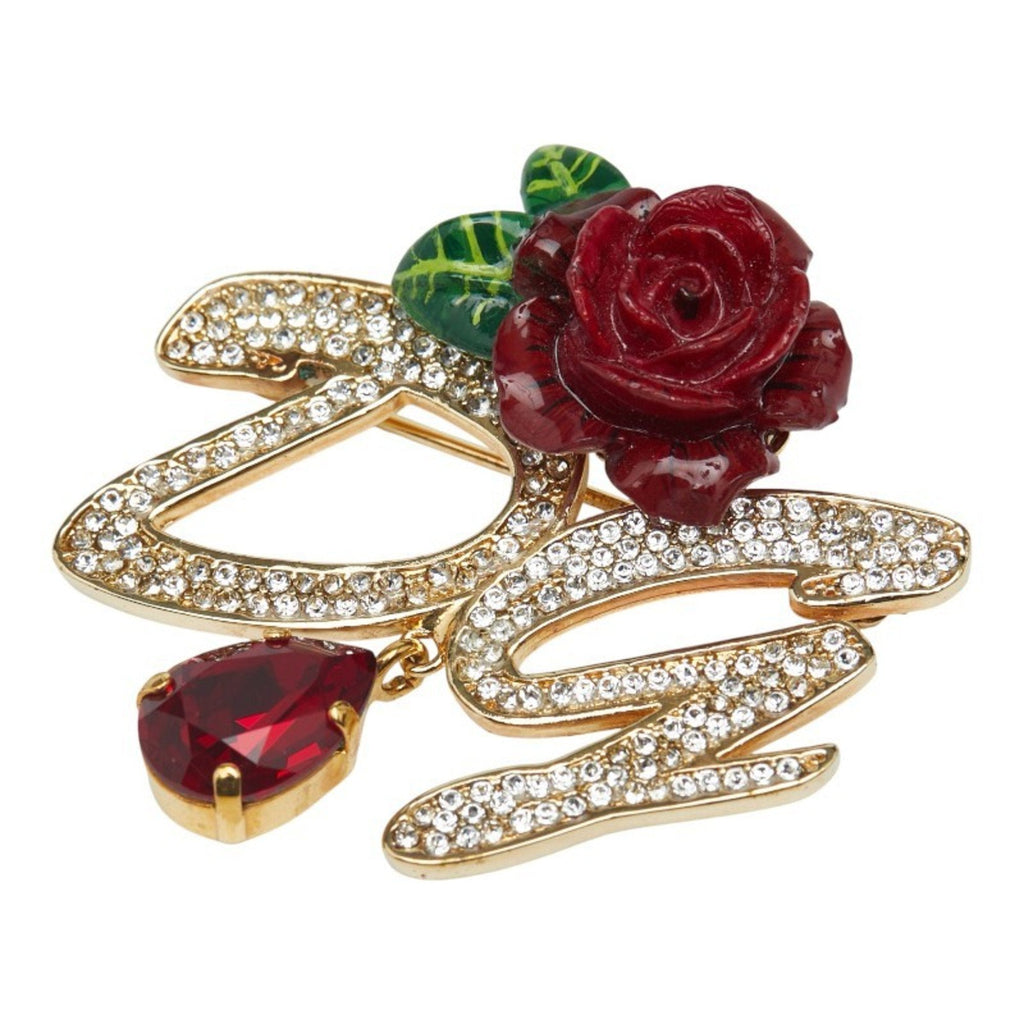 Rose Rhinestone Brooch Gold and Red Plated