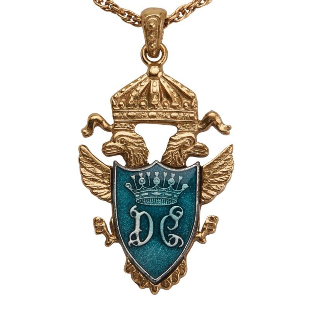 Crest Motif Pendant Necklace Gold Blue