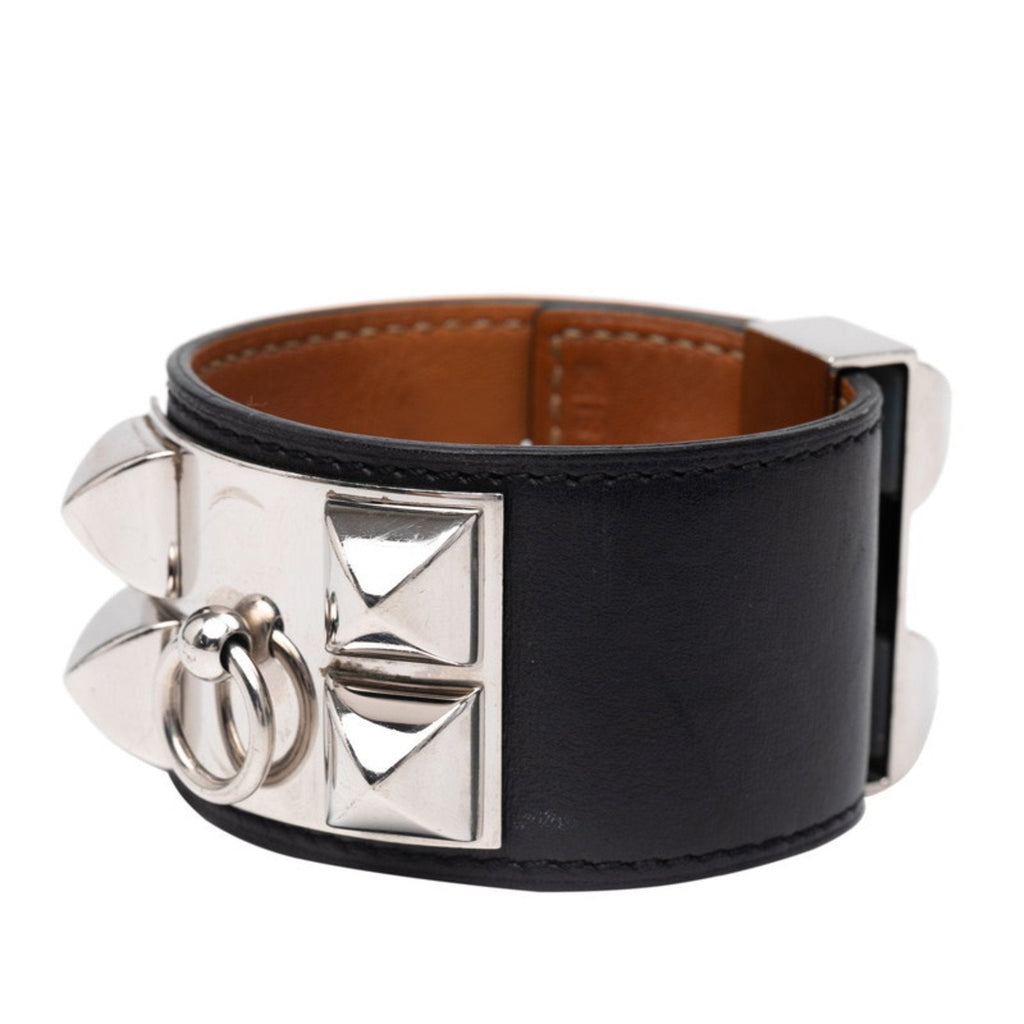 Collier de Chien Bangle Box Calf Leather and Metal Black and Silver Small Bracelet