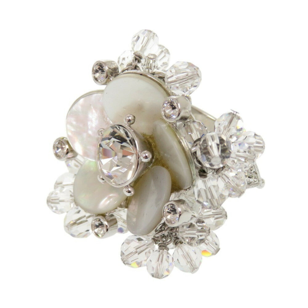 Flower Motif Ring Metal With Crystal Silver White