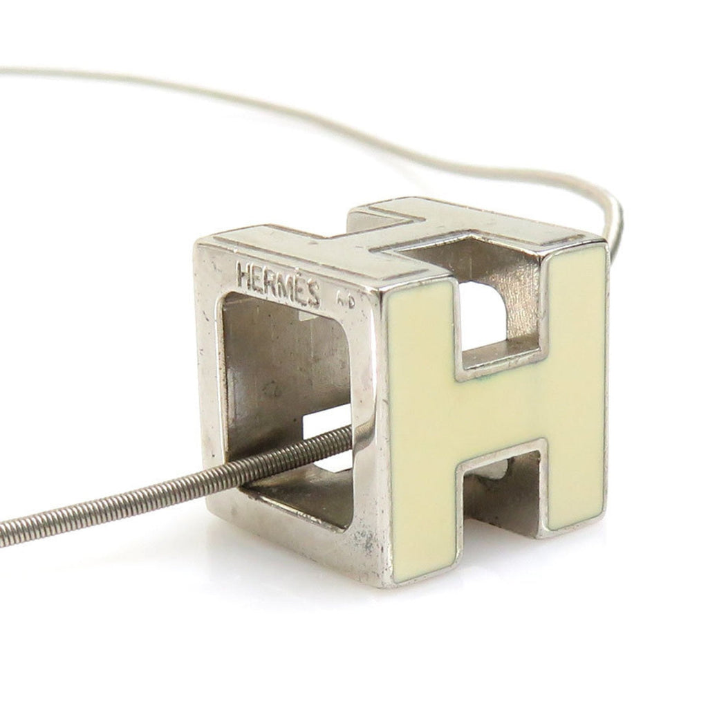 Pendant Necklace Enamel and Metal Off-White and Silver