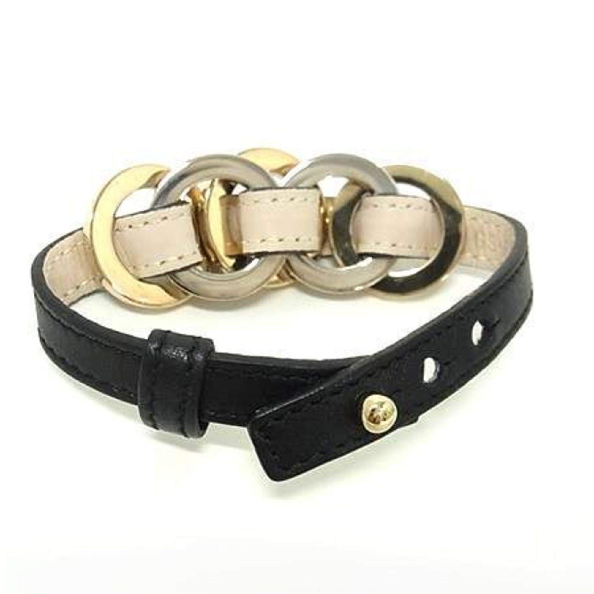 Doppio Tondo Bracelet Leather and Metal Black and Gold