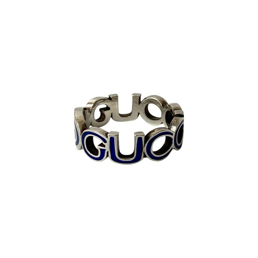 Interlocking G Enamel Ring Sterling Silver Blue