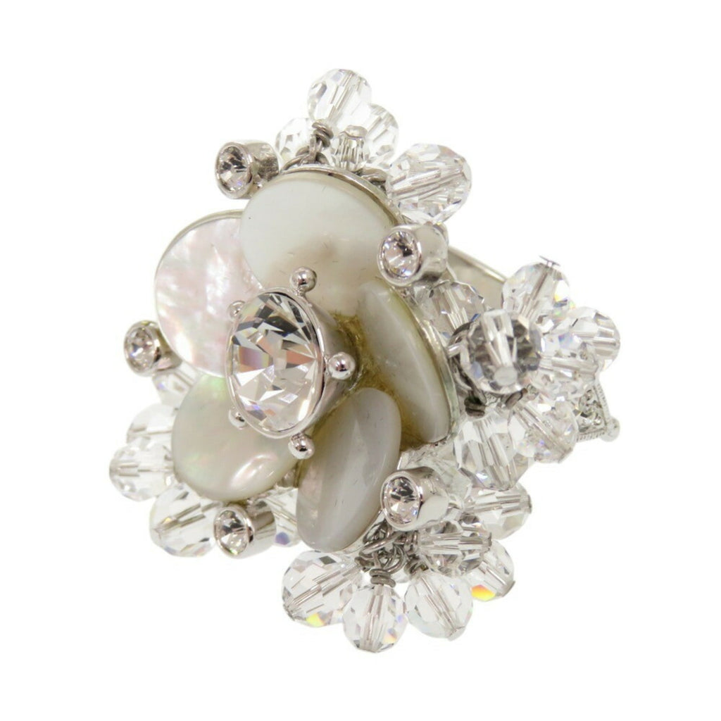 Flower Motif Ring Metal With Crystal Silver White