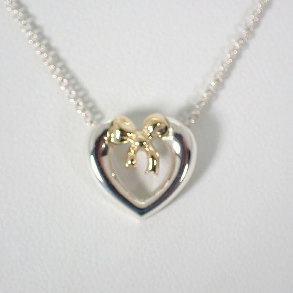 Heart Ribbon Pendant Necklace Sterling Silver and 18K Yellow Gold