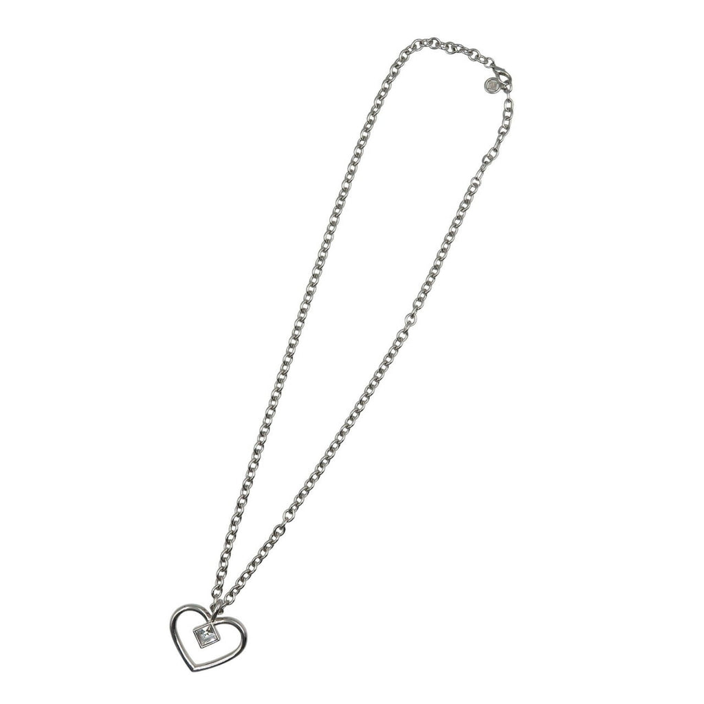 Heart Long Chain Pendant Necklace Metal Silver With Zirconia