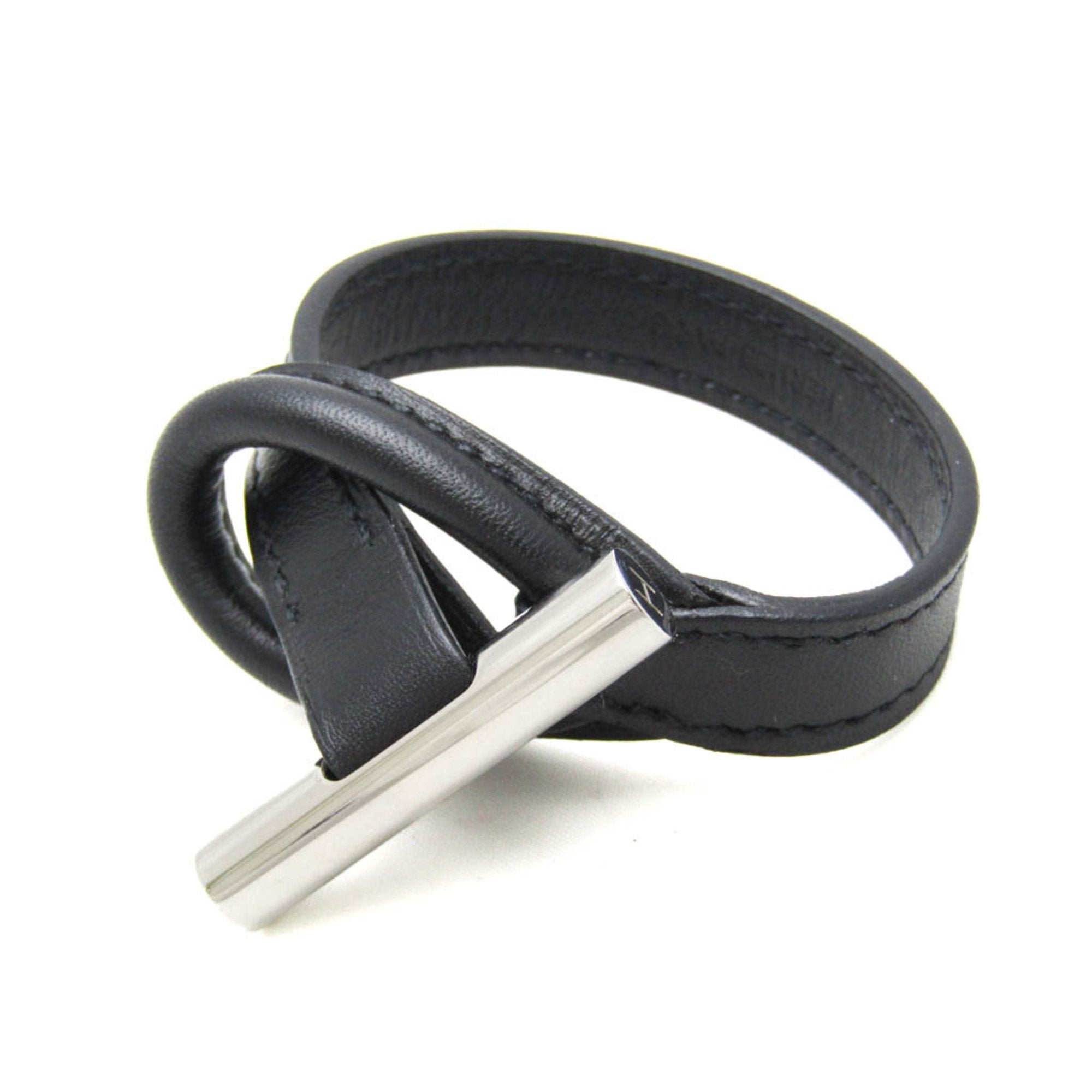Bangle Leather and Metal Black and Silver Bracelet