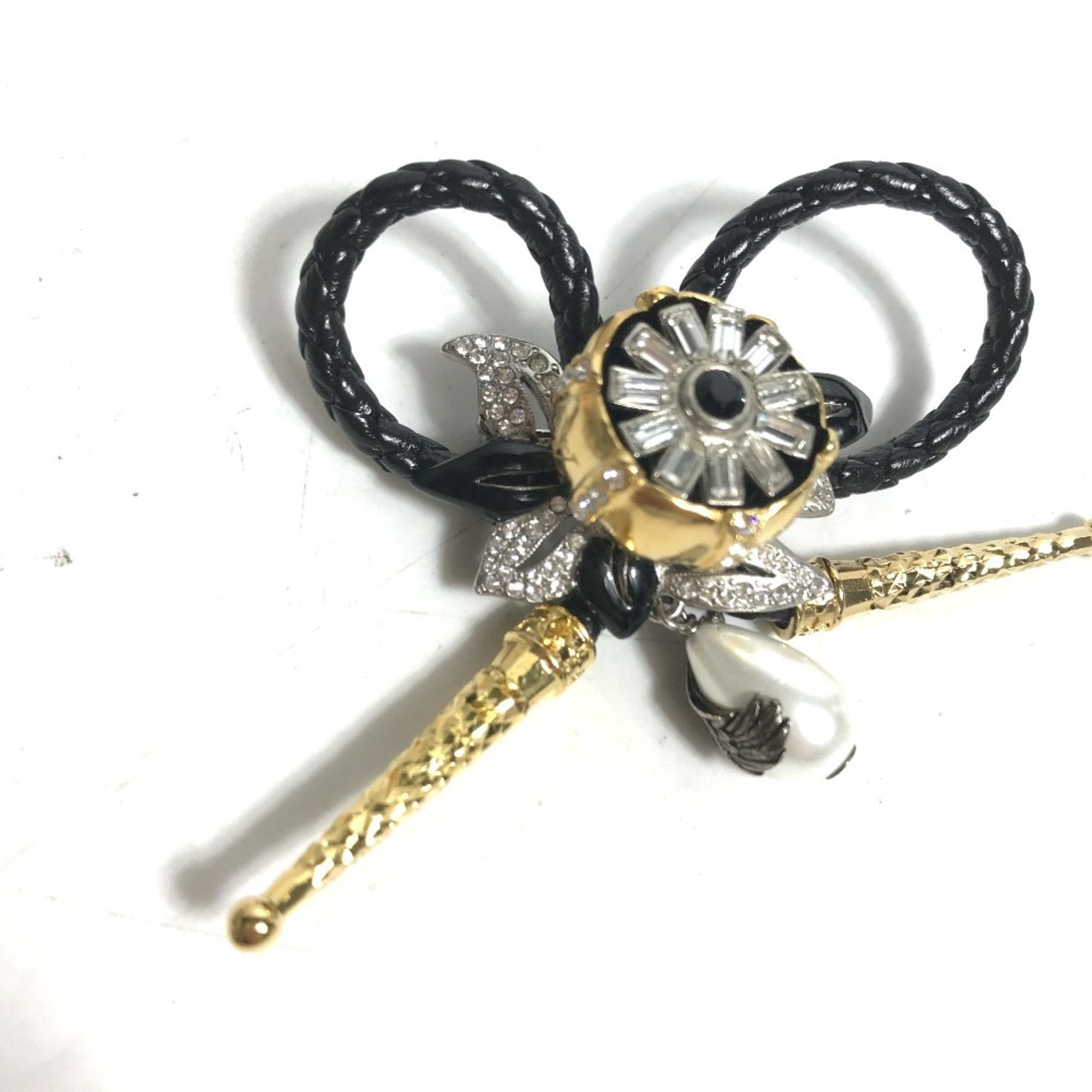 Brooch Leather and Metal Black With Rhinestone