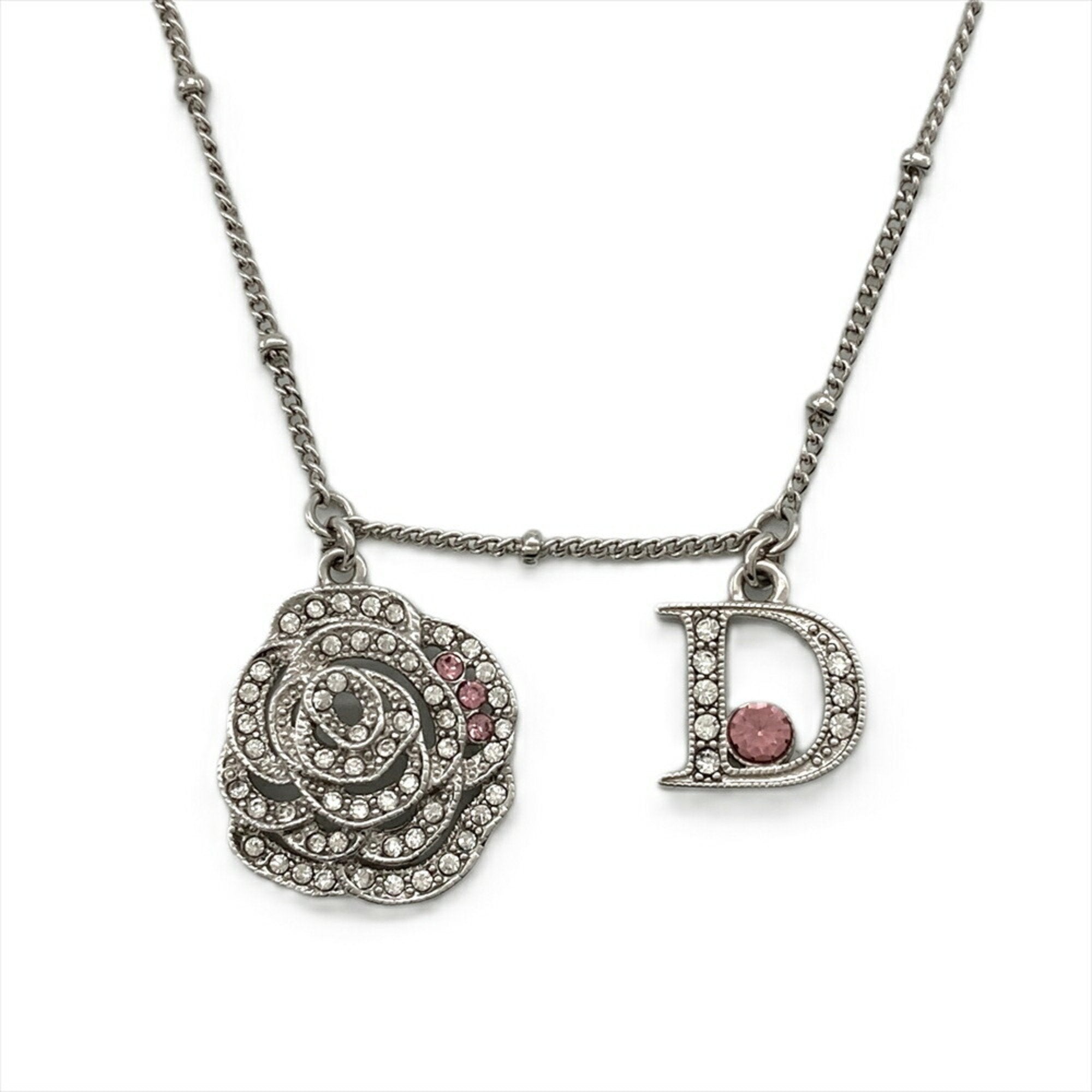 Pendant Necklace Metal and Rhinestone Pink and Silver