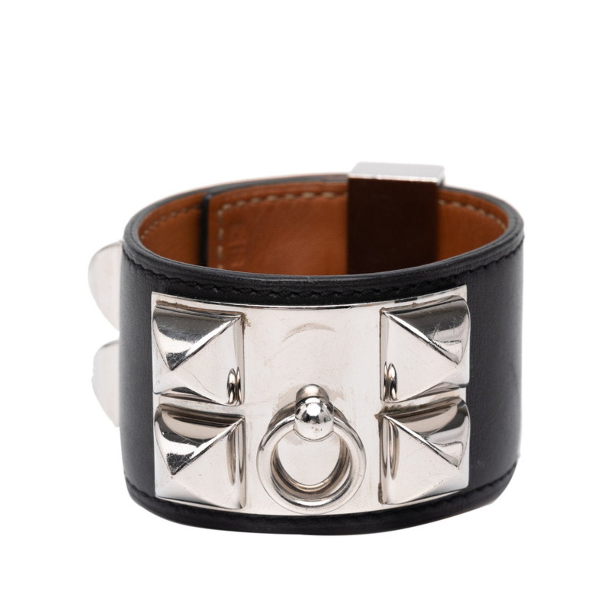Collier de Chien Bangle Box Calf Leather and Metal Black and Silver Small Bracelet