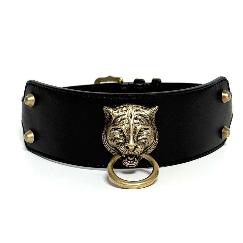 Tiger Head Choker Necklace Leather and Metal
