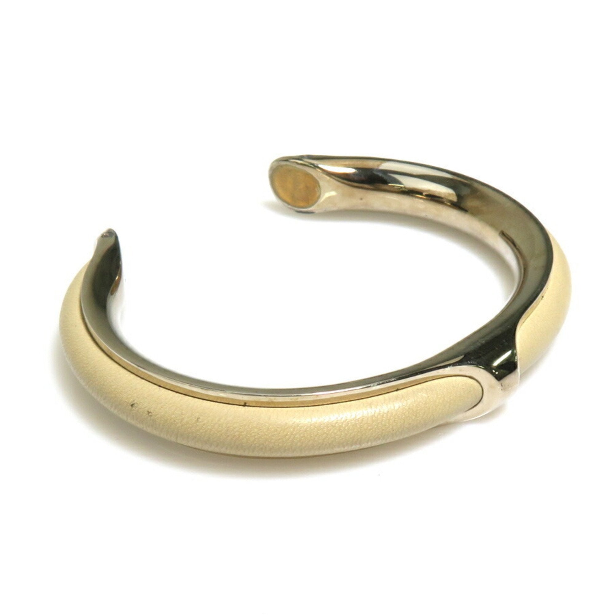 Bangle Bracelet Leather and Metal Grayish Silver