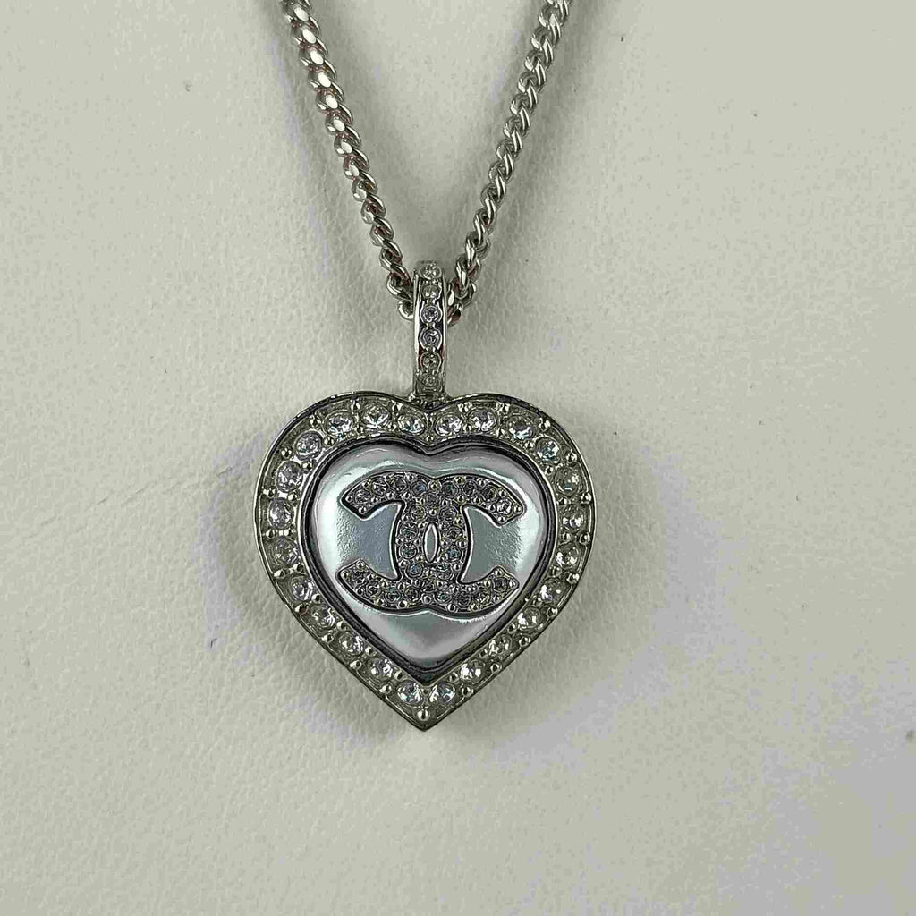 CC Logo Heart Pendant Necklace Silver-Tone Metal