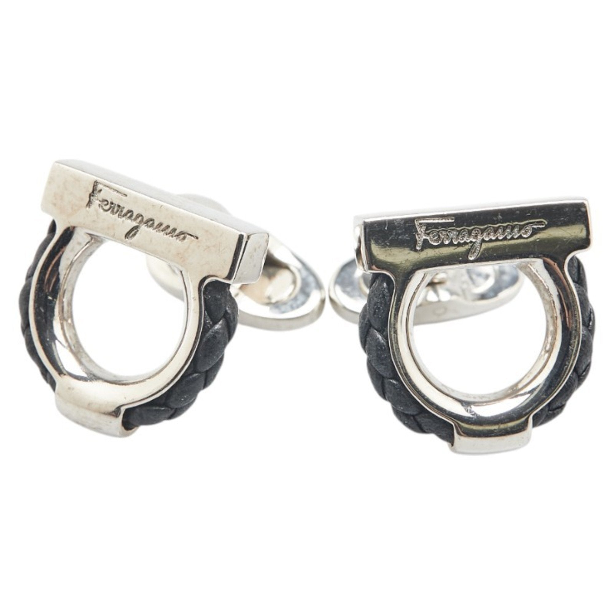 Gancini Cufflinks Leather and Metal Black and Silver Bracelet