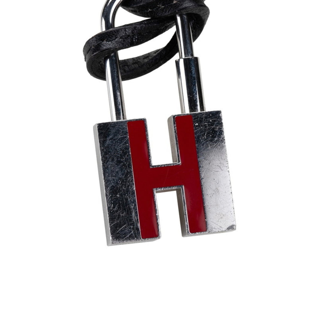H Motif Padlock Pendant Necklace Leather and Metal Black Red Silver