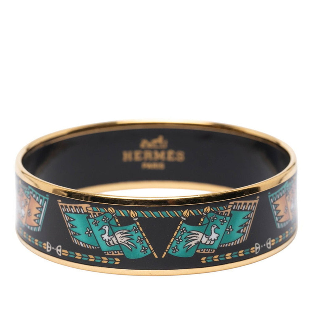 Bangle Enamel Black Gold Multicolor Bird and Flag Motif Bracelet