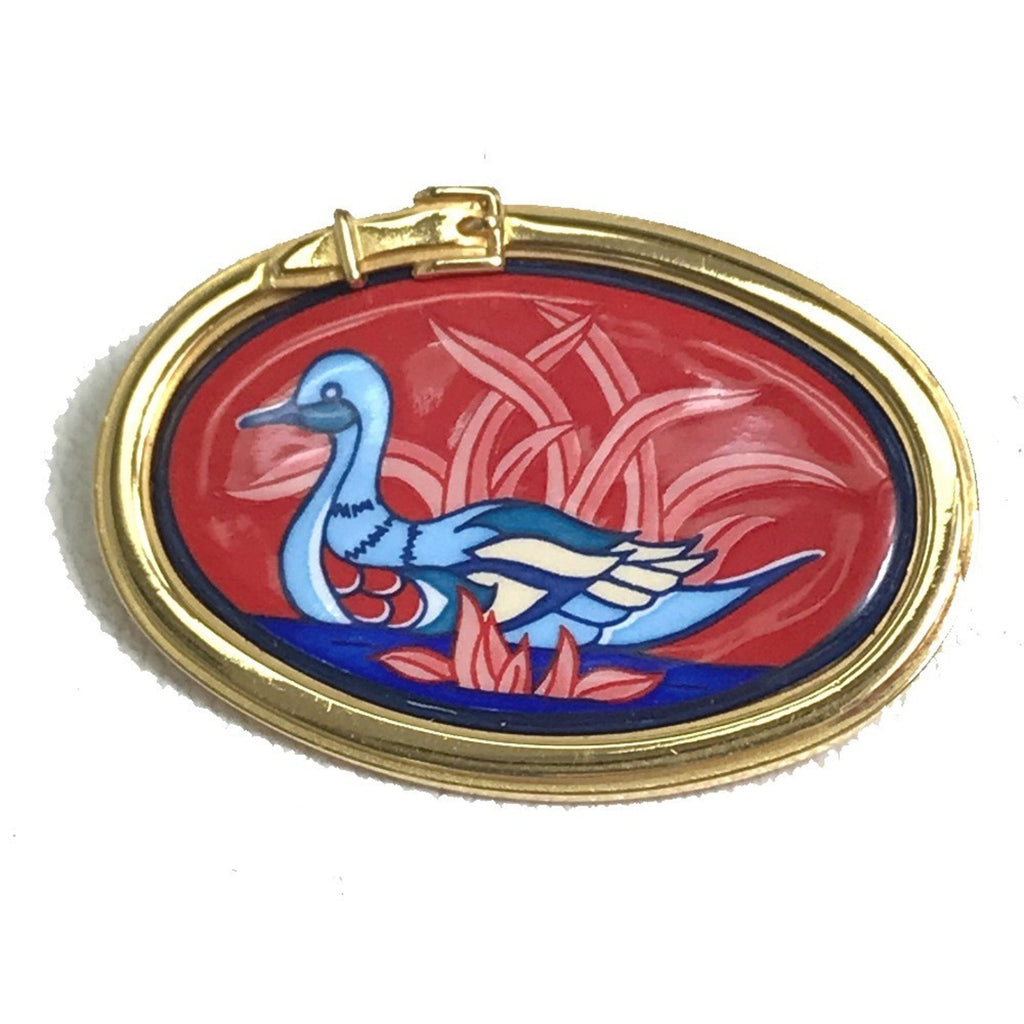 Bird Motif Brooch Gold and Red Enamel