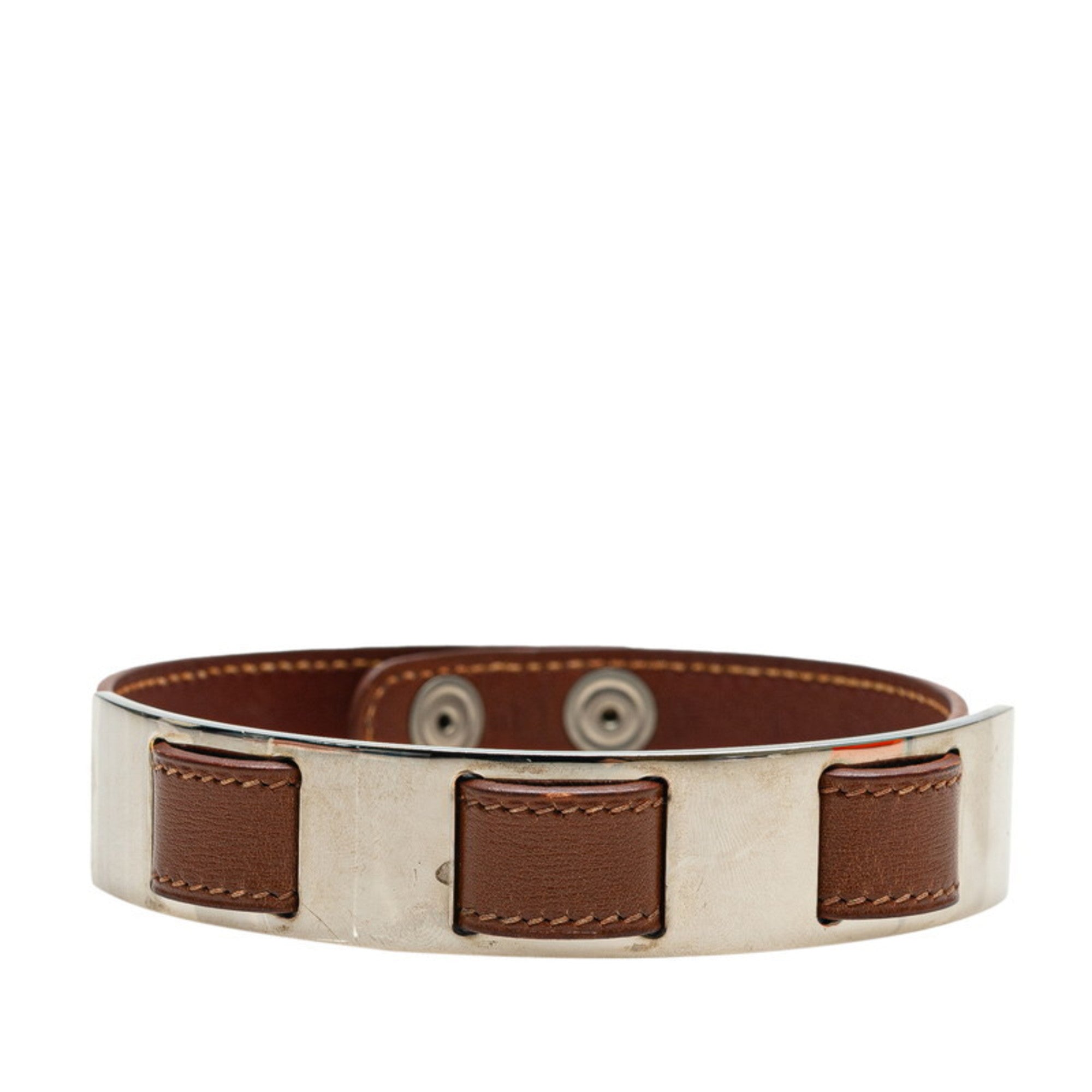 Choker Necklace Leather and Metal Brown and Silver