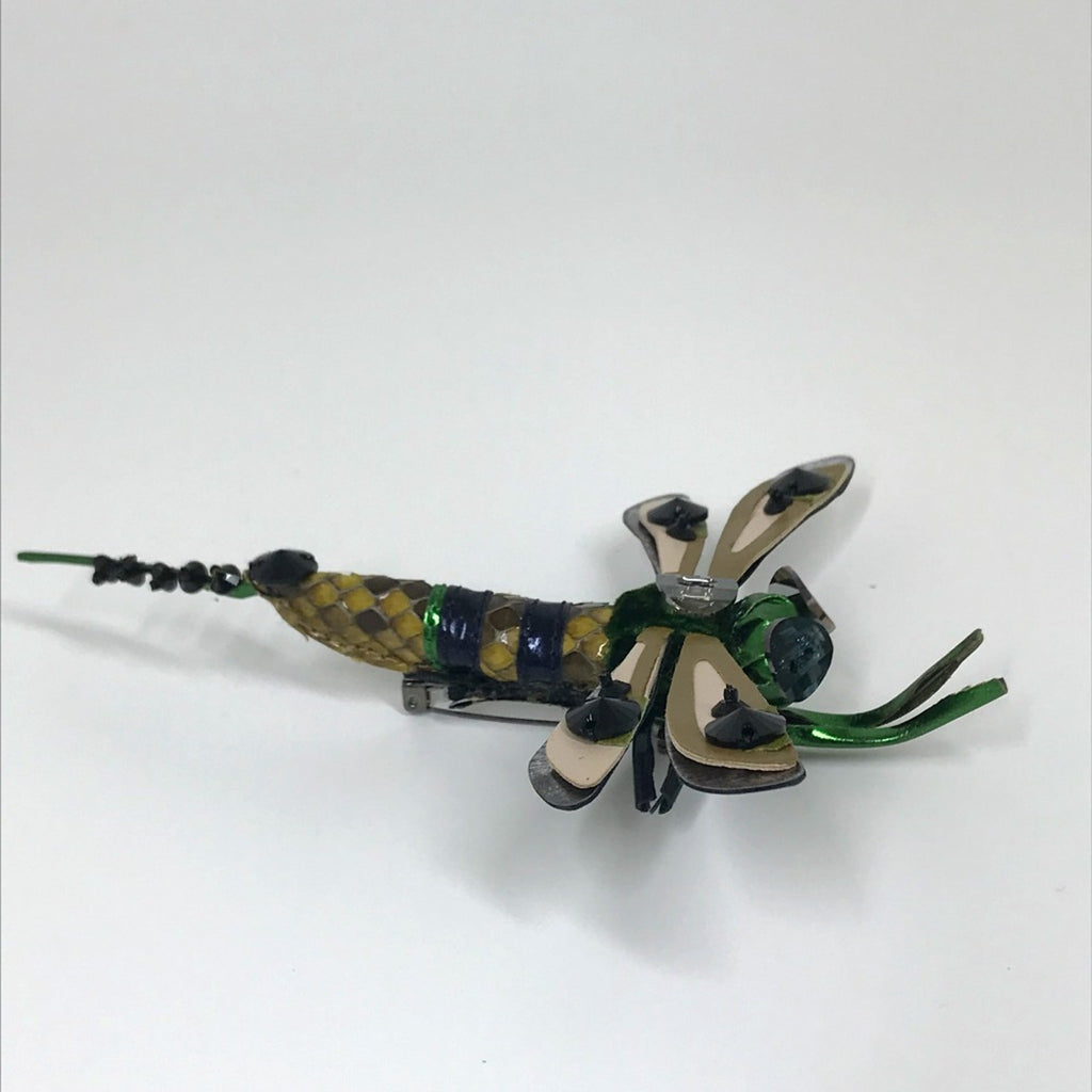 Dragonfly Brooch Leather Green x Pink
