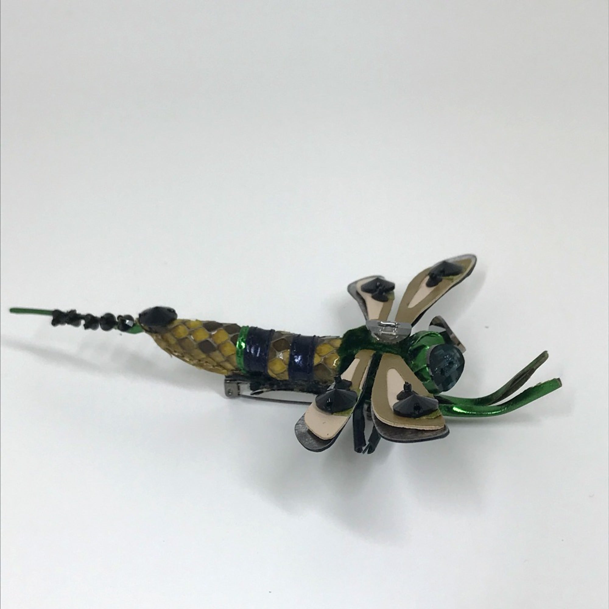 Dragonfly Brooch Leather Green x Pink