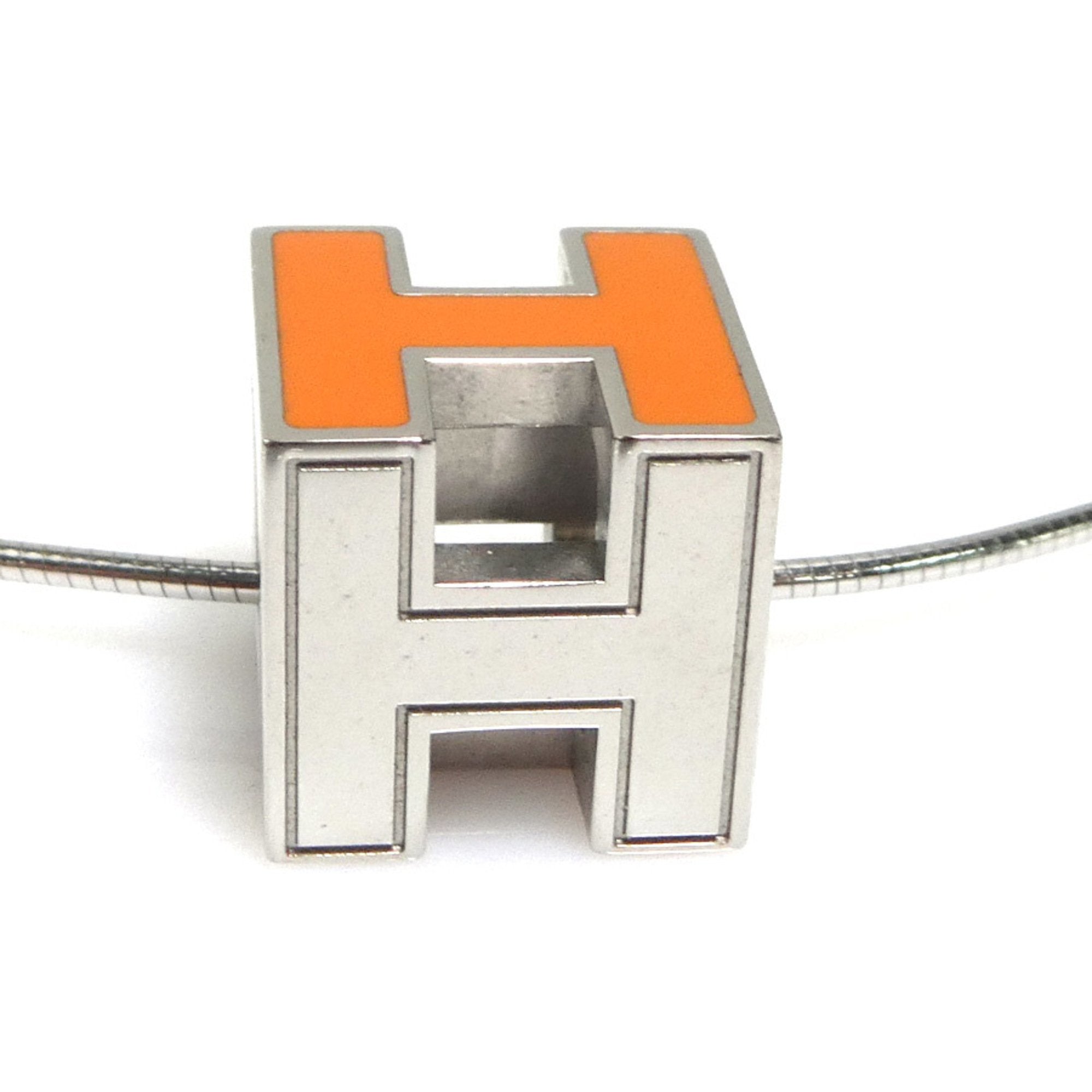H Cube Pendant Necklace Enamel and Metal Orange and Silver