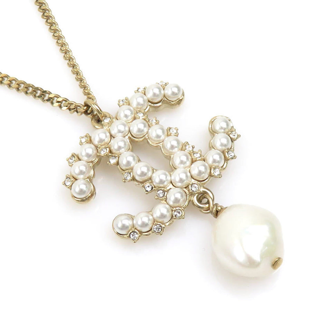 Pendant Necklace Metal and Artificial Pearl Gold and White