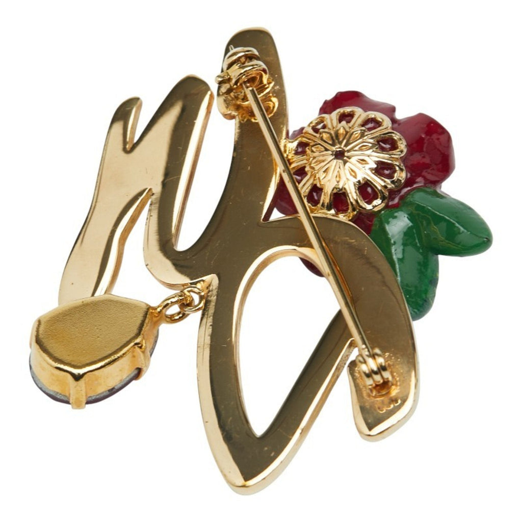 Rose Rhinestone Brooch Gold and Red Plated