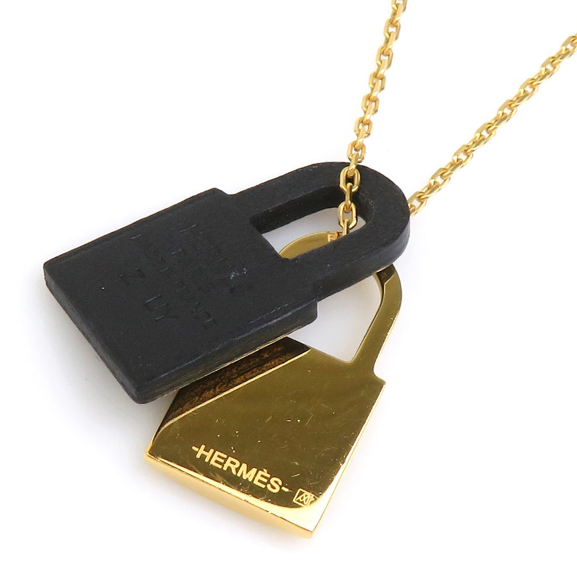 Pendant Necklace Metal and Swift Leather Black and Gold Mini
