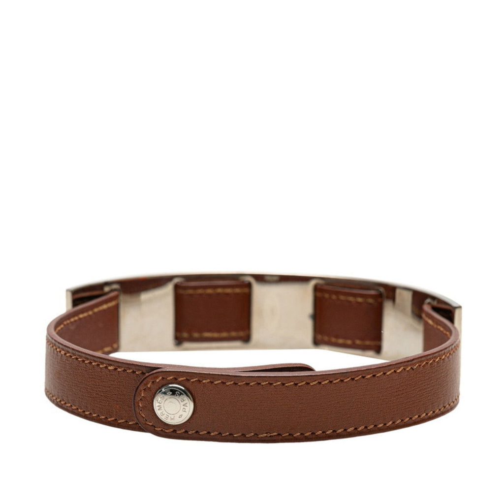 Choker Necklace Leather and Metal Brown and Silver