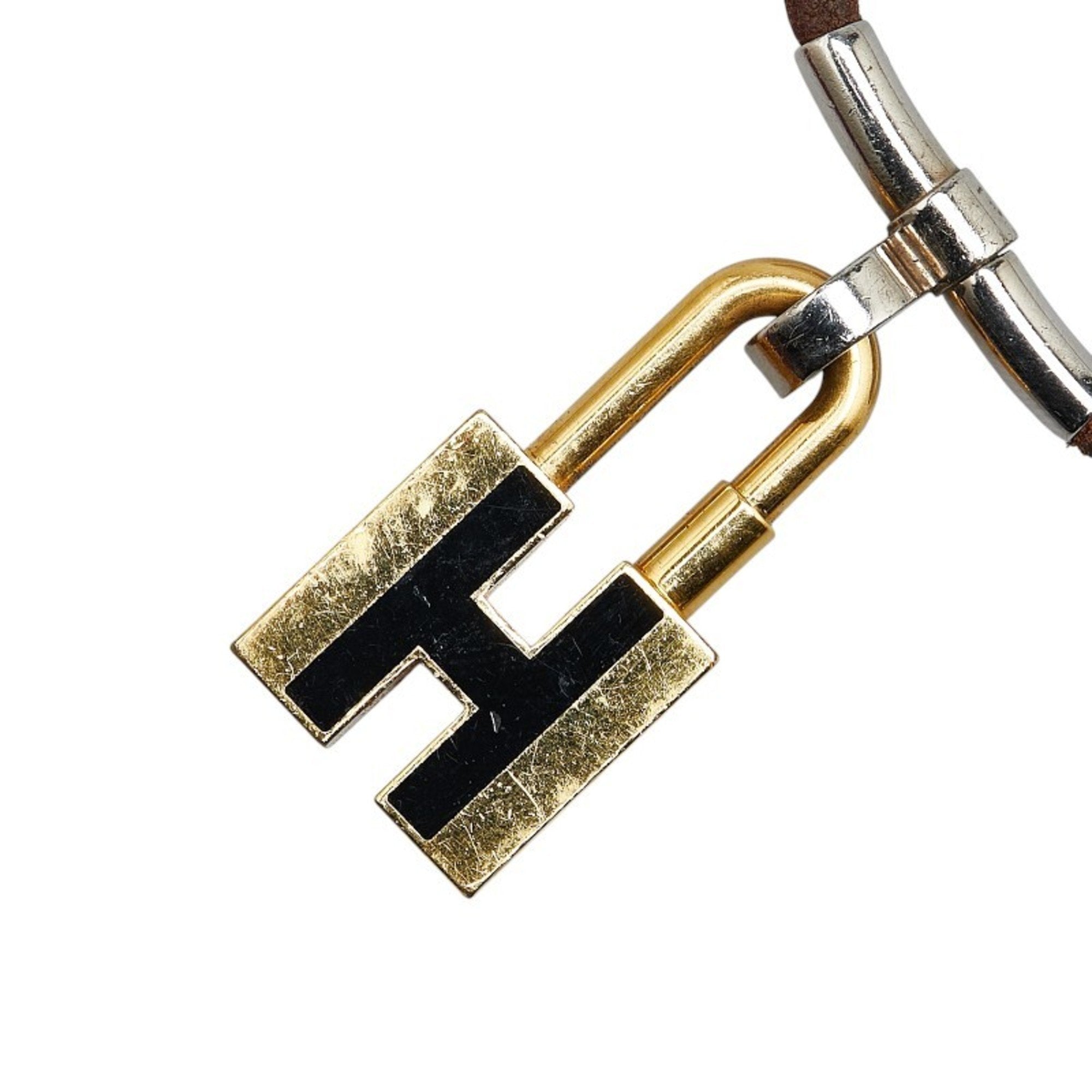 H Motif Padlock Pendant Necklace Gold and Leather and Metal