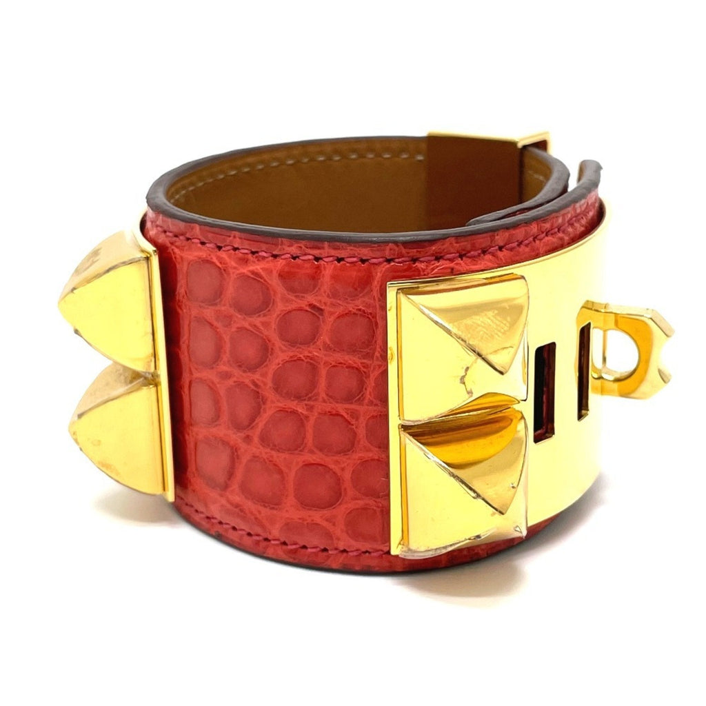 Collier de Chien Bangle Leather Bougainvillier Red with Gold Hardware Bracelet