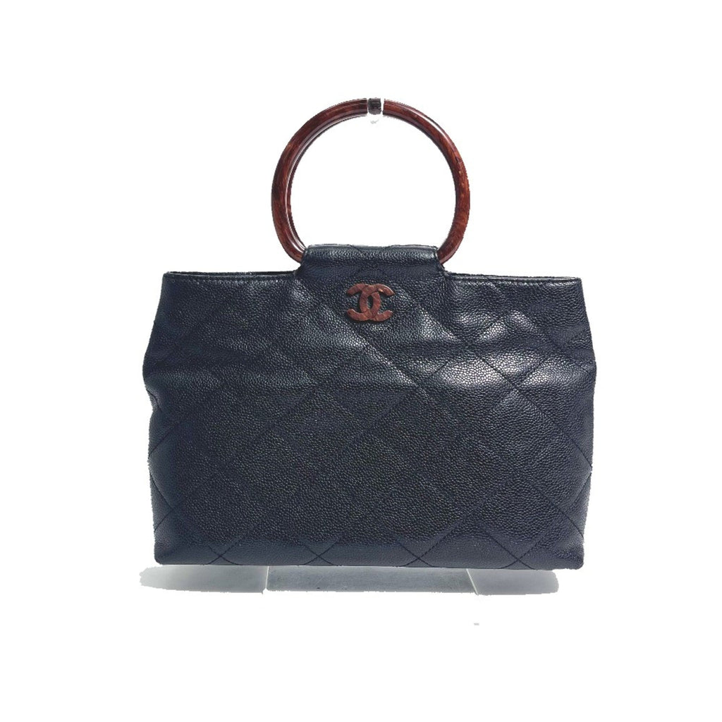 Vintage Wooden Ring Tote Quilted Caviar Large