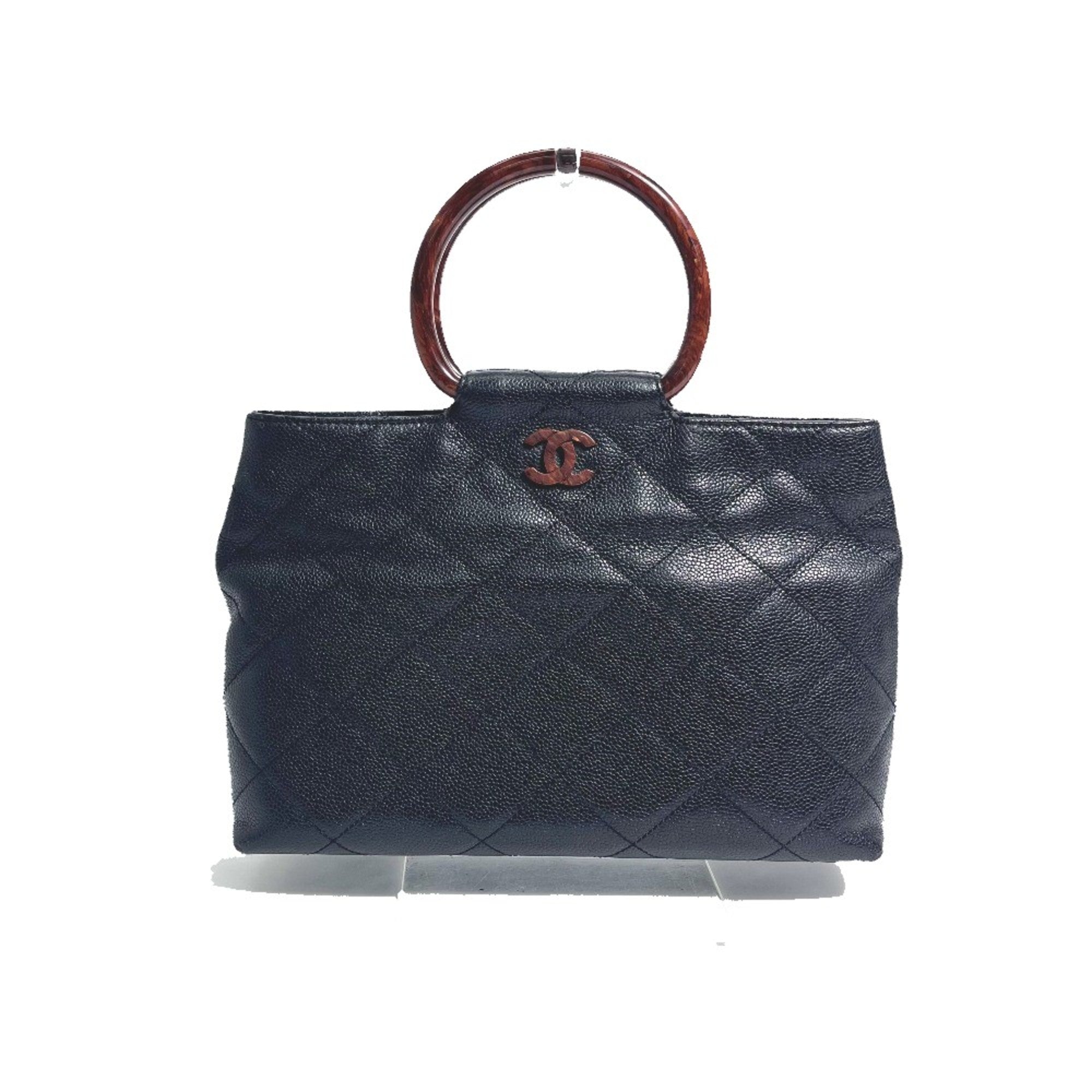 Vintage Wooden Ring Tote Quilted Caviar Large