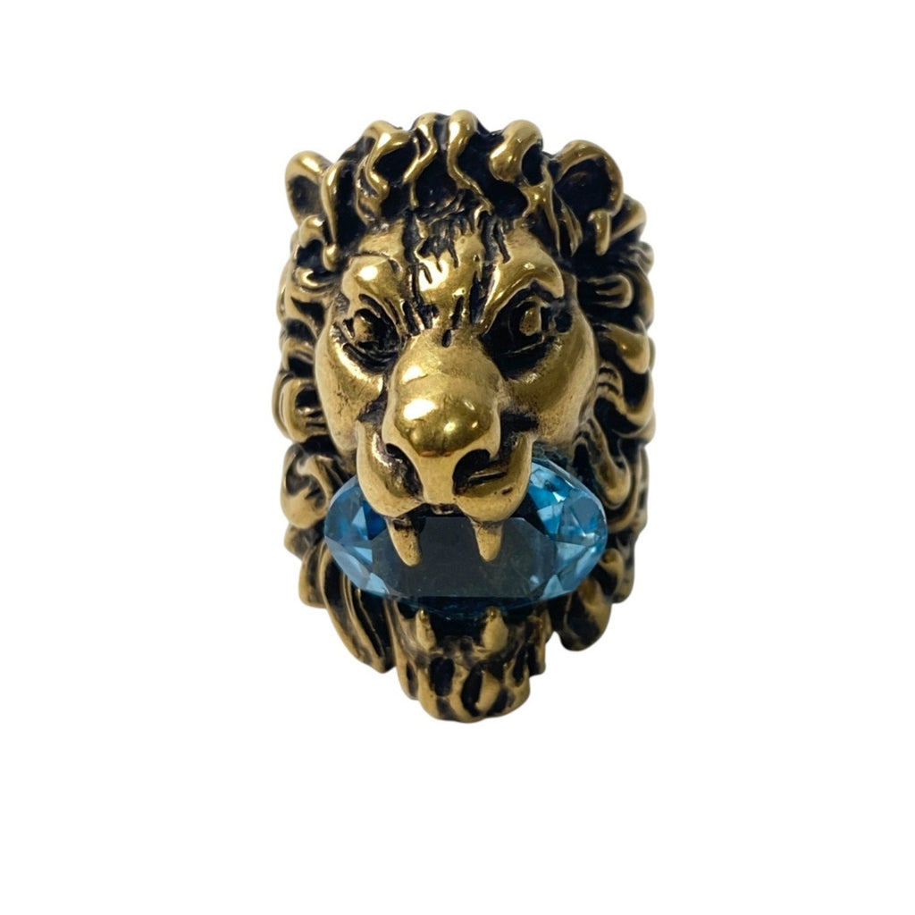 Lion Head Band Ring Gold Blue with Color Stone