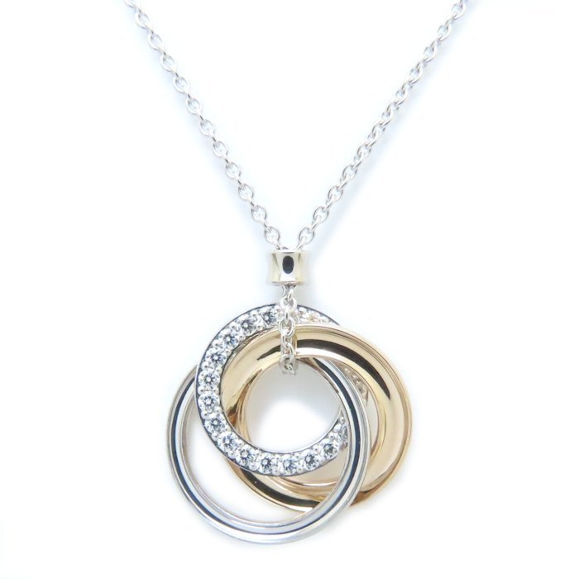 Triple Interlocking Circle Pendant Necklace 18K Rose Gold and 18K White Gold with Diamond