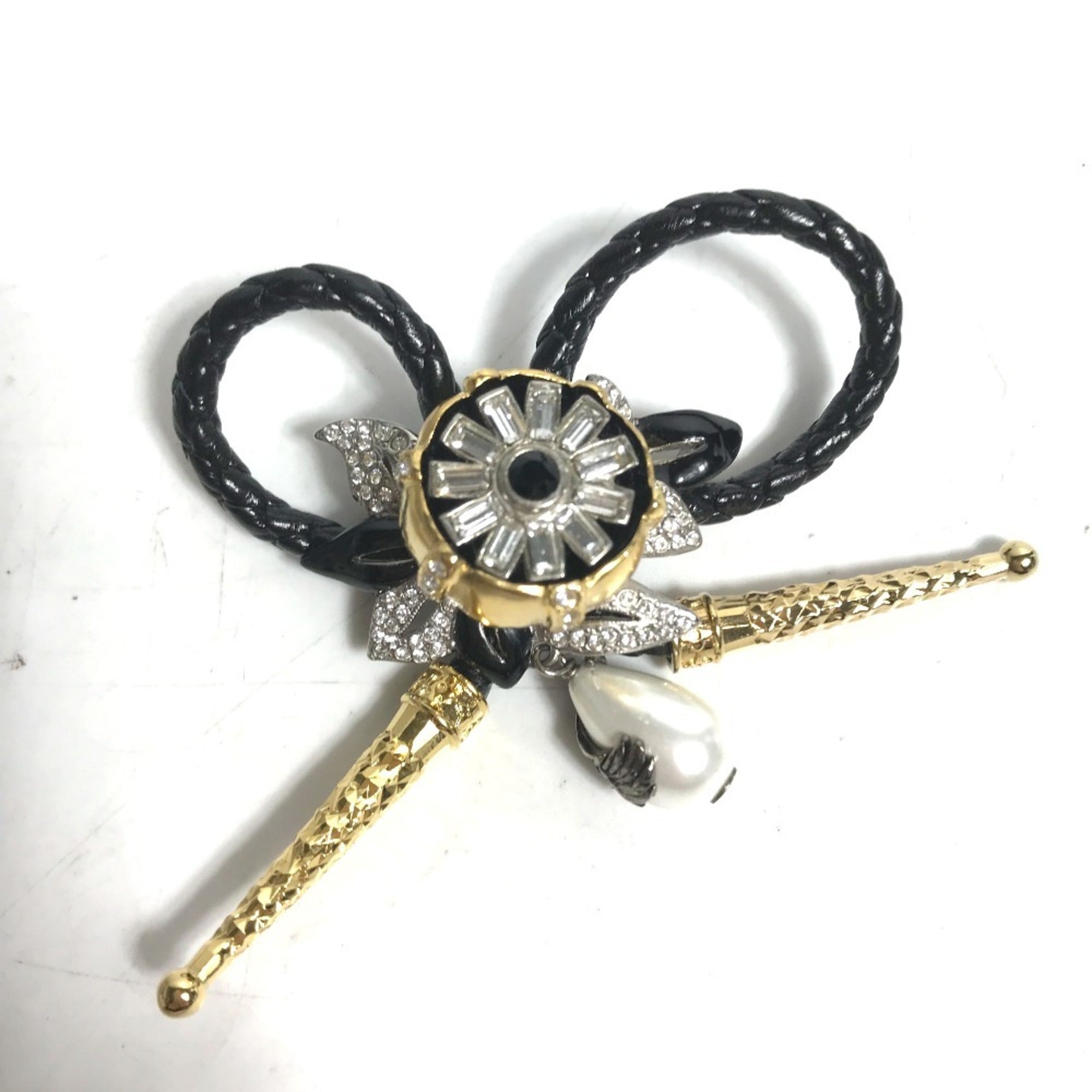 Brooch Leather and Metal Black With Rhinestone