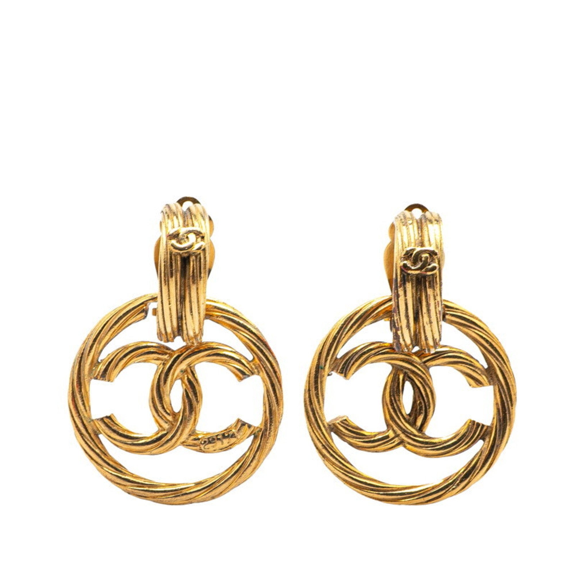 CC Logo Round Circle Earrings Metal Gold-Tone Metal