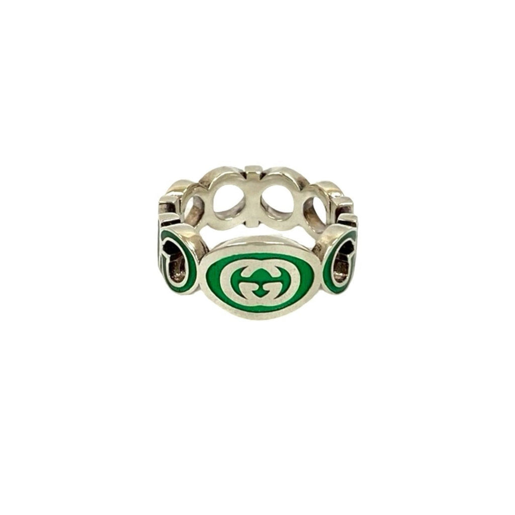 Interlocking G Enamel Ring Sterling Silver Green
