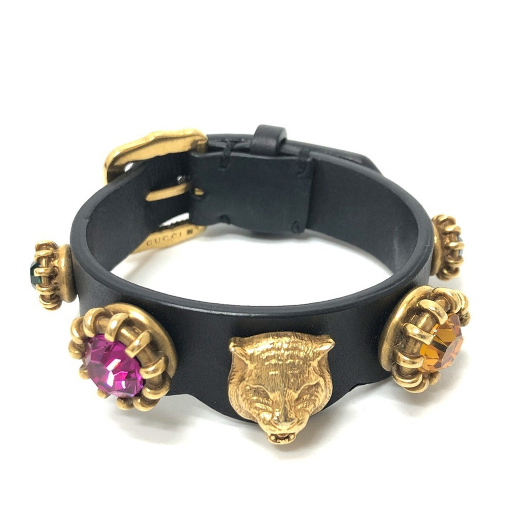 Tiger Head Charm Bracelet Leather Black and Gold and Multi-Color