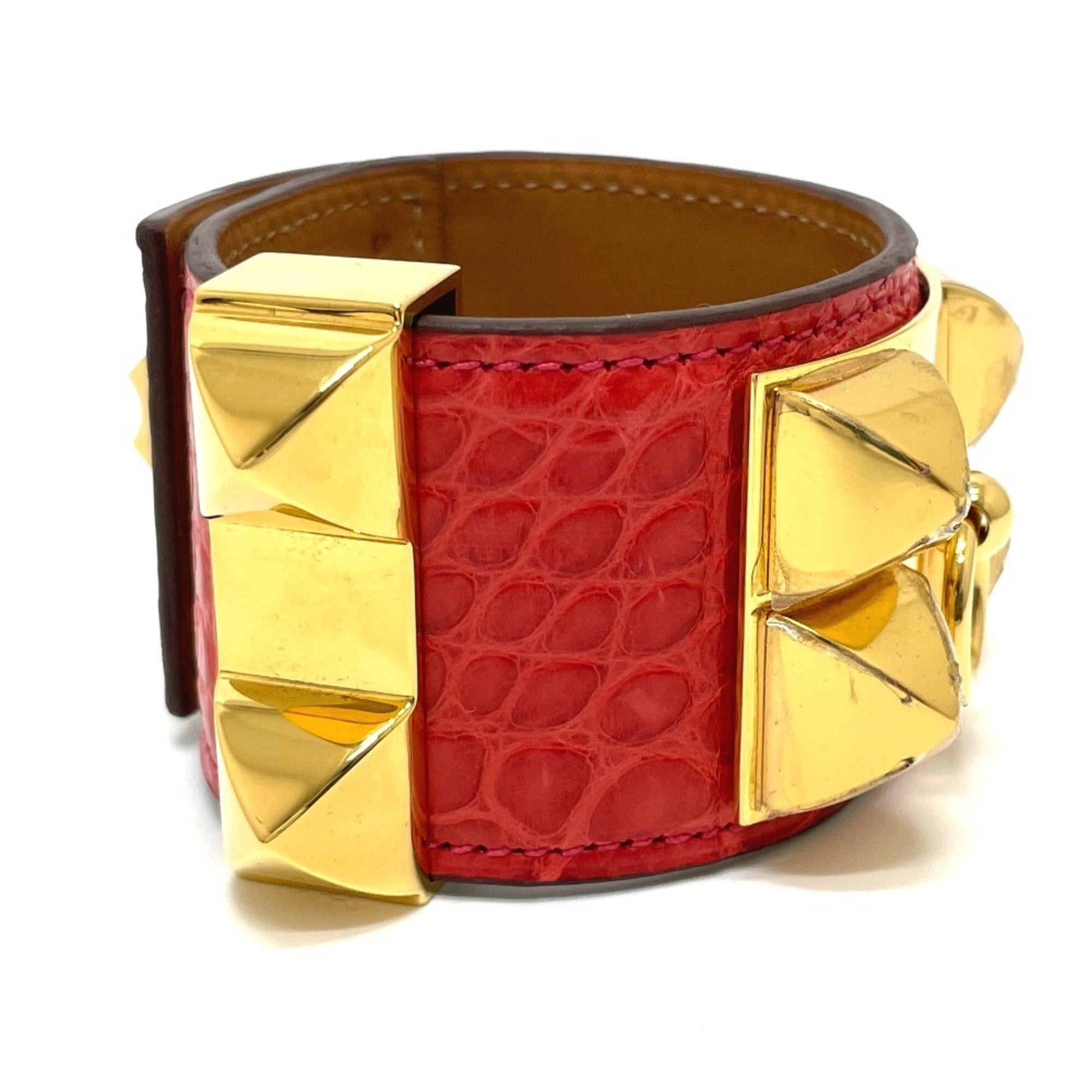 Collier de Chien Bangle Leather Bougainvillier Red with Gold Hardware Bracelet