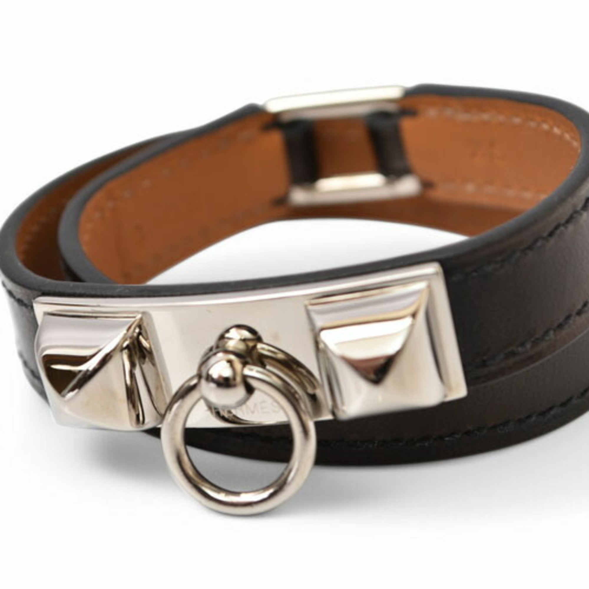 Bangle Leather Black and Silver Bracelet